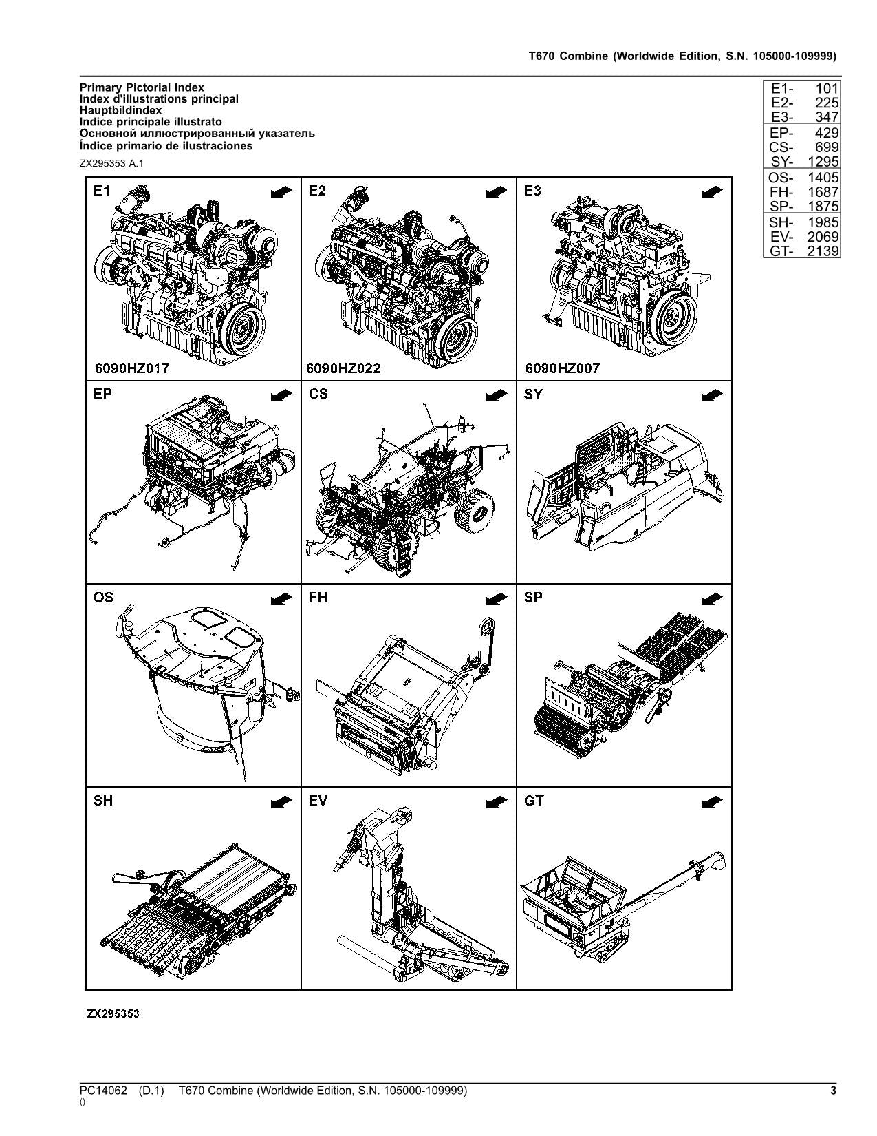 JOHN DEERE T670 COMBINE PARTS CATALOG MANUAL 105000-109999