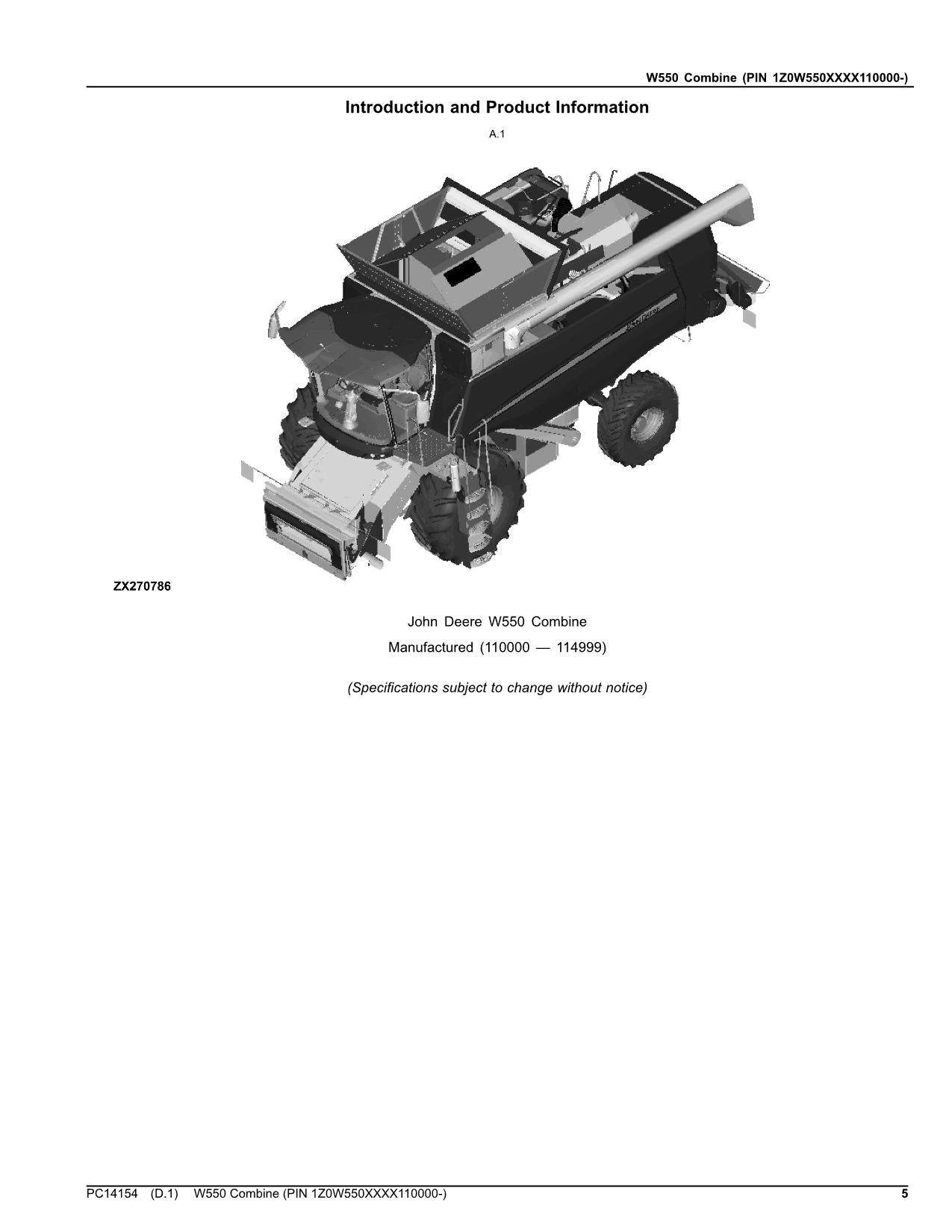 JOHN DEERE W550 COMBINE PARTS CATALOG MANUAL 110000-114999