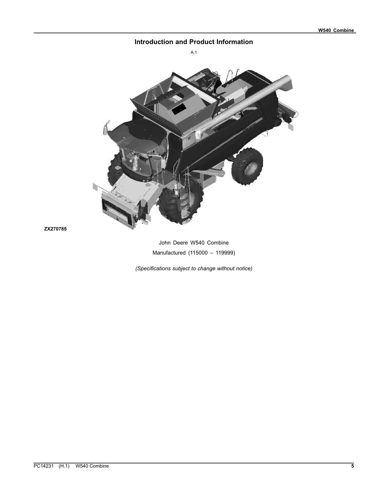 JOHN DEERE W540 COMBINE PARTS CATALOG MANUAL 115000-119999