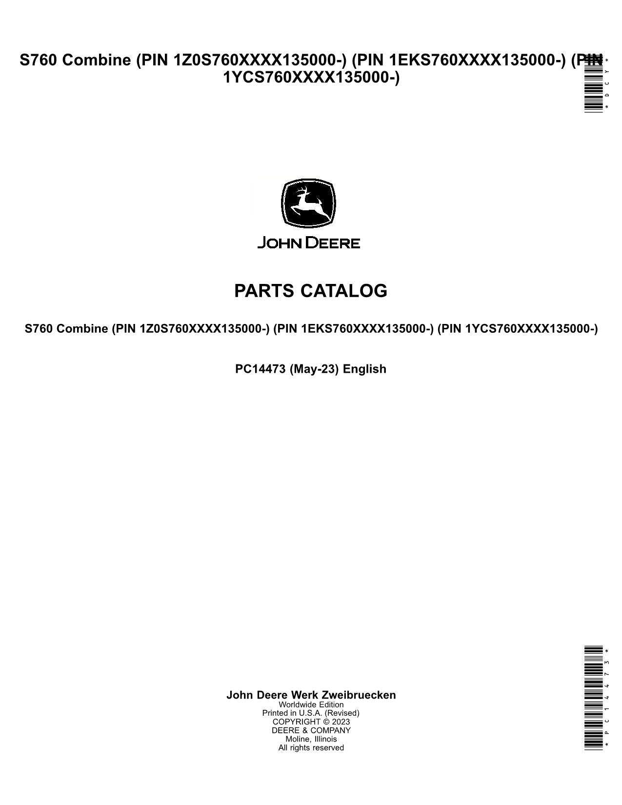 JOHN DEERE S760 COMBINE PARTS CATALOG MANUAL #8