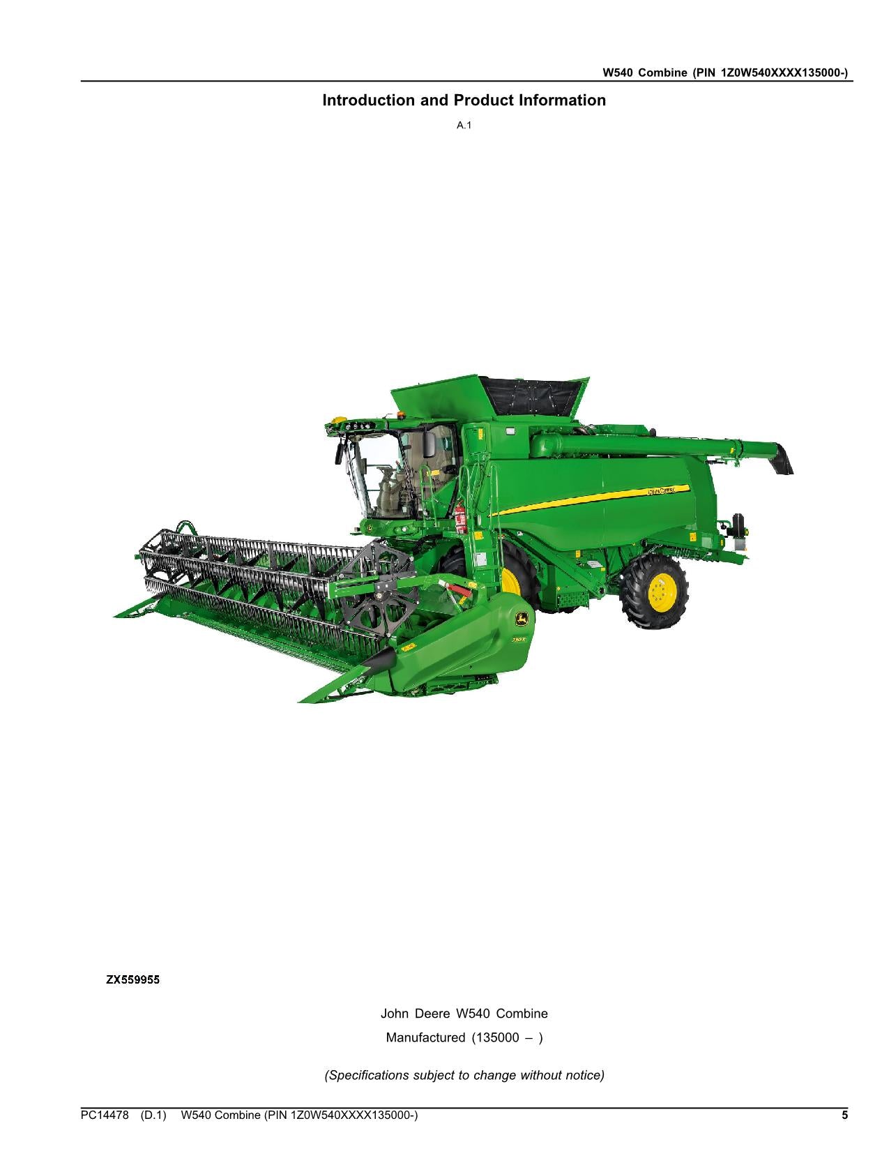 JOHN DEERE W540 COMBINE PARTS CATALOG MANUAL 135000-