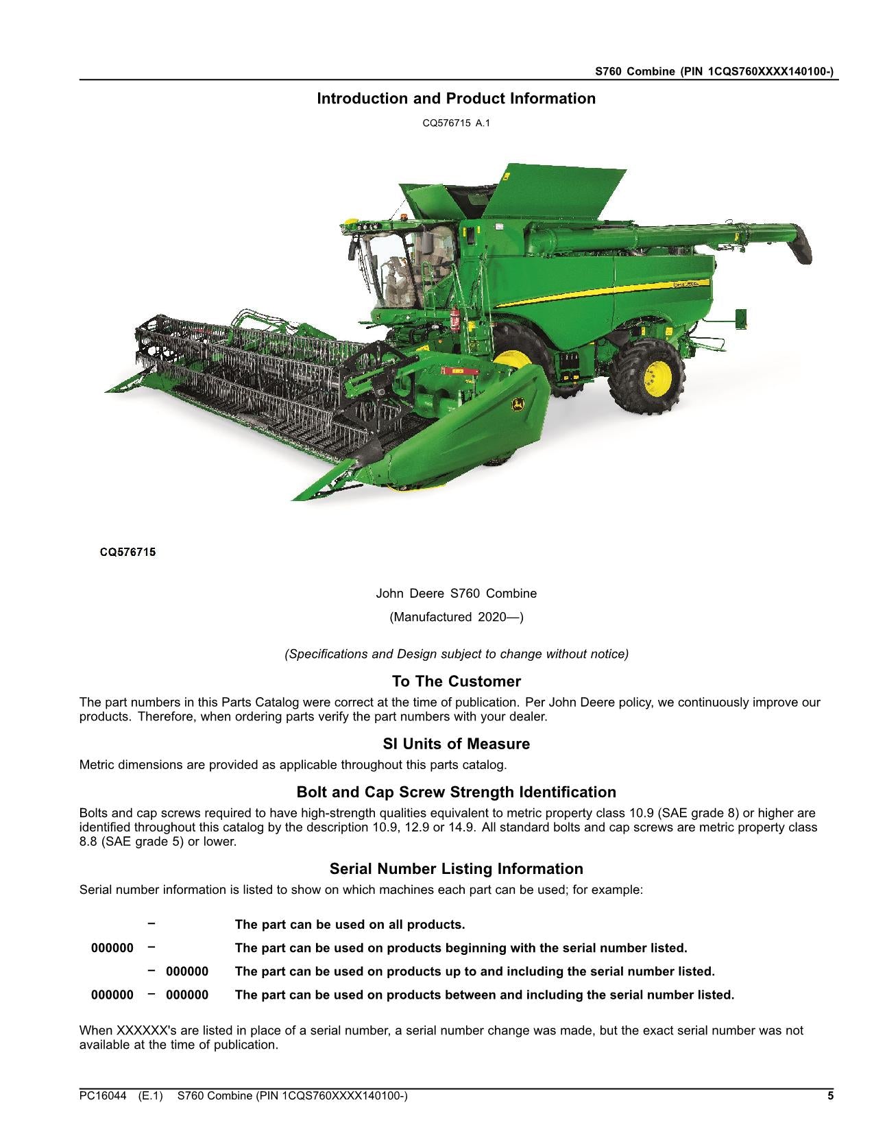 S760 Combine, Replacement Parts Guide