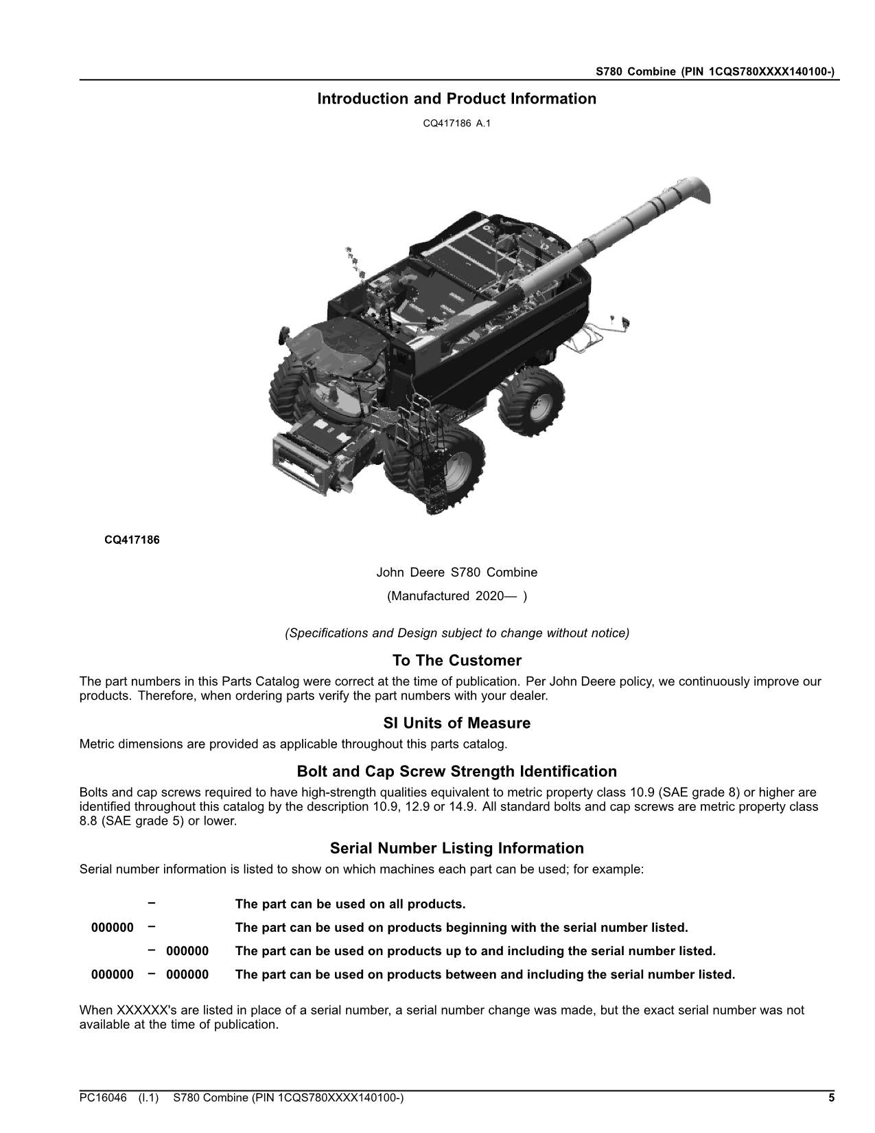 JOHN DEERE S780 COMBINE PARTS CATALOG MANUAL #10