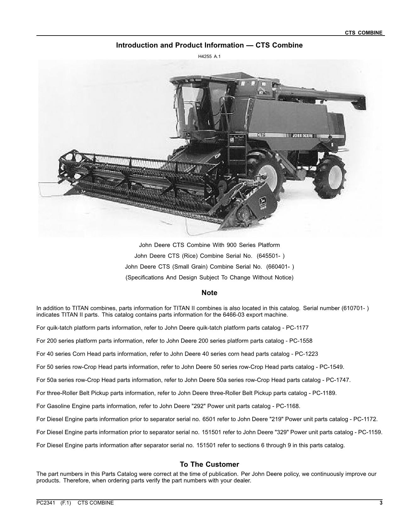 JOHN DEERE CTS MÄHDRESCHER-ERSATZTEILKATALOGHANDBUCH Nr. 1