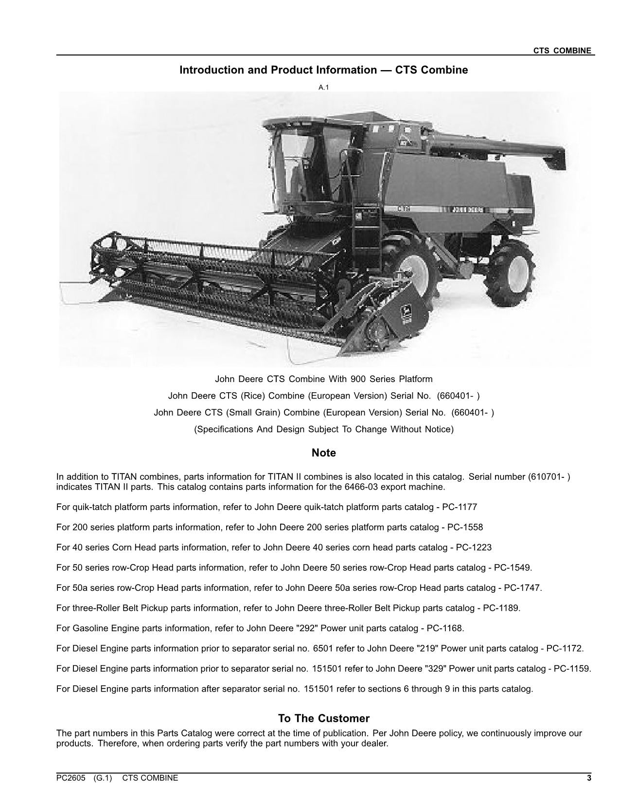 JOHN DEERE CTS COMBINE PARTS CATALOG MANUAL #2