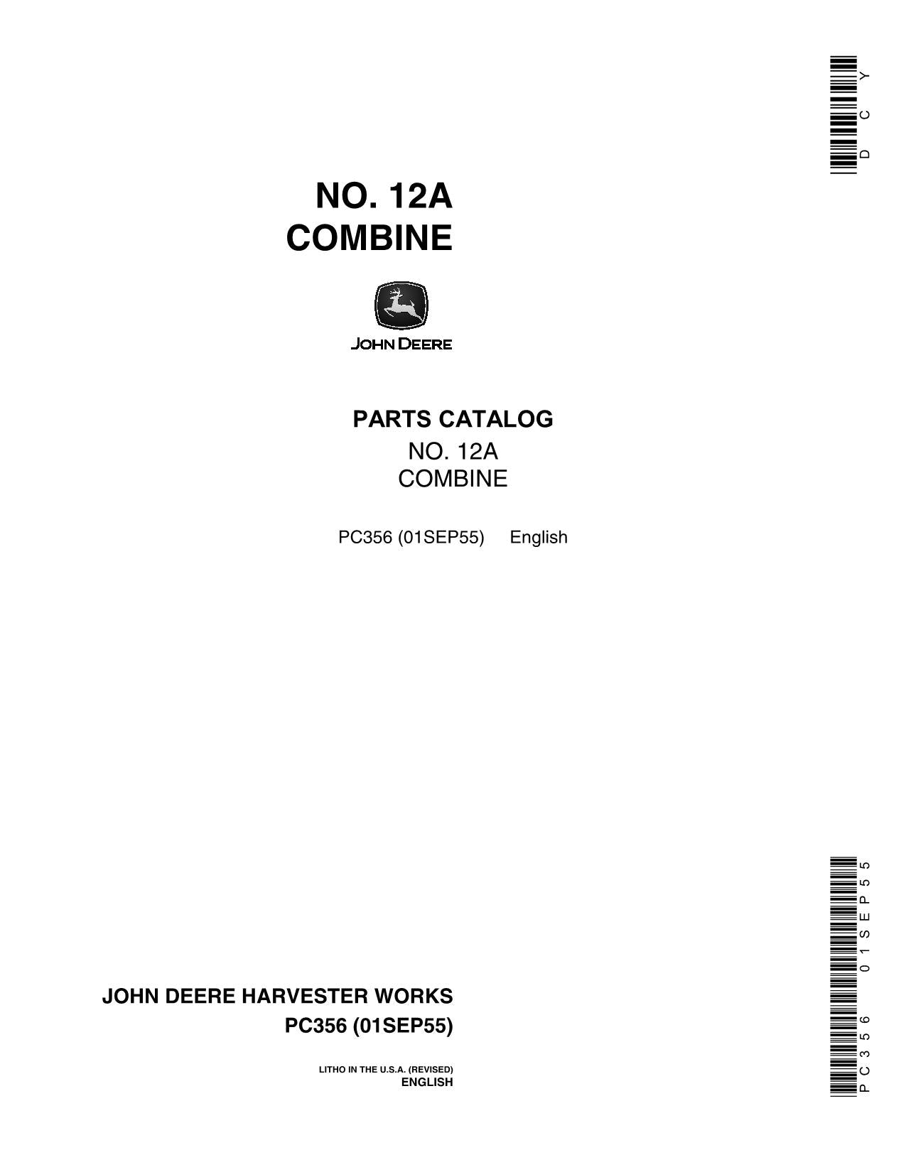 JOHN DEERE 12-A COMBINE PARTS CATALOG MANUAL