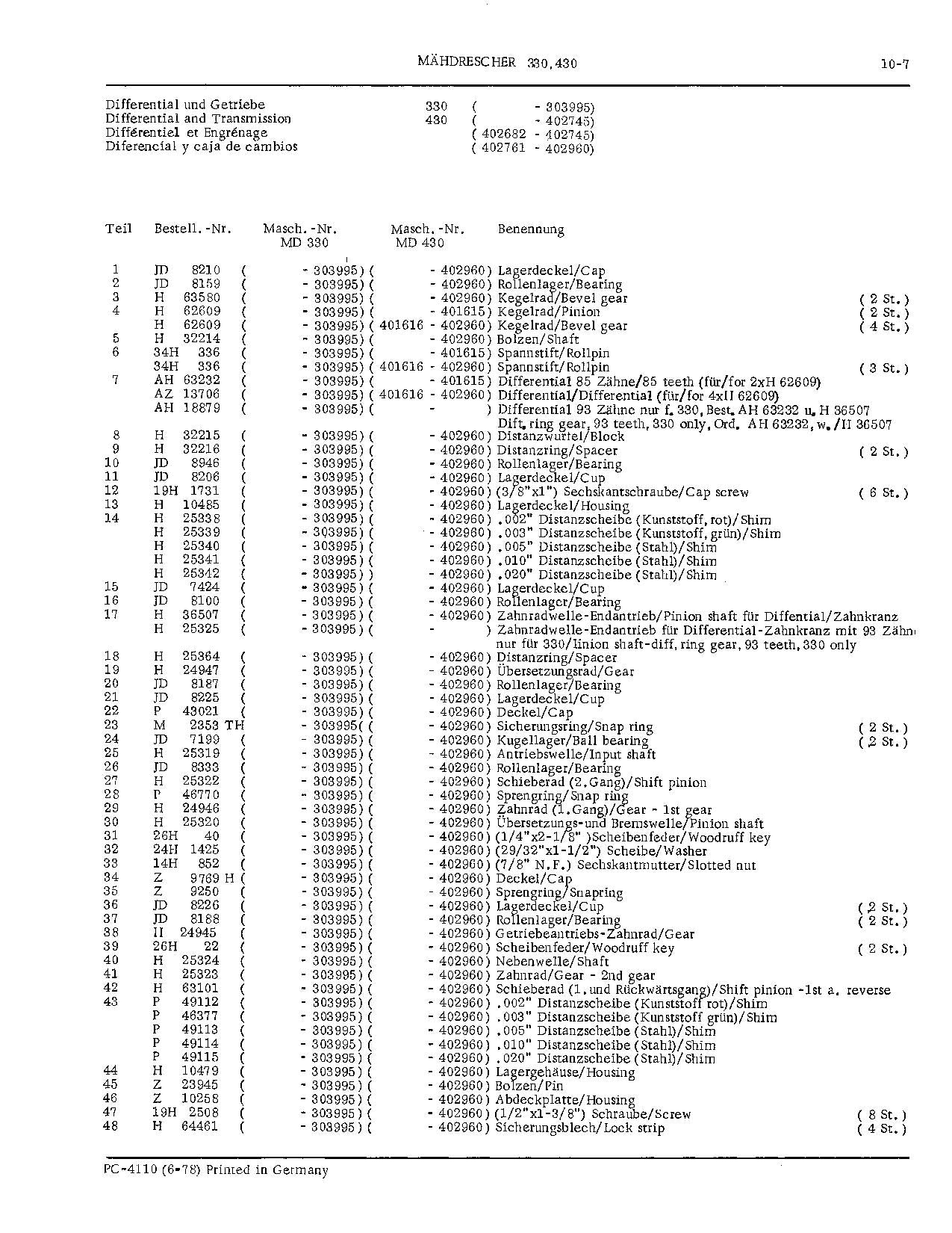 JOHN DEERE 330, 430 COMBINE PARTS CATALOG MANUAL