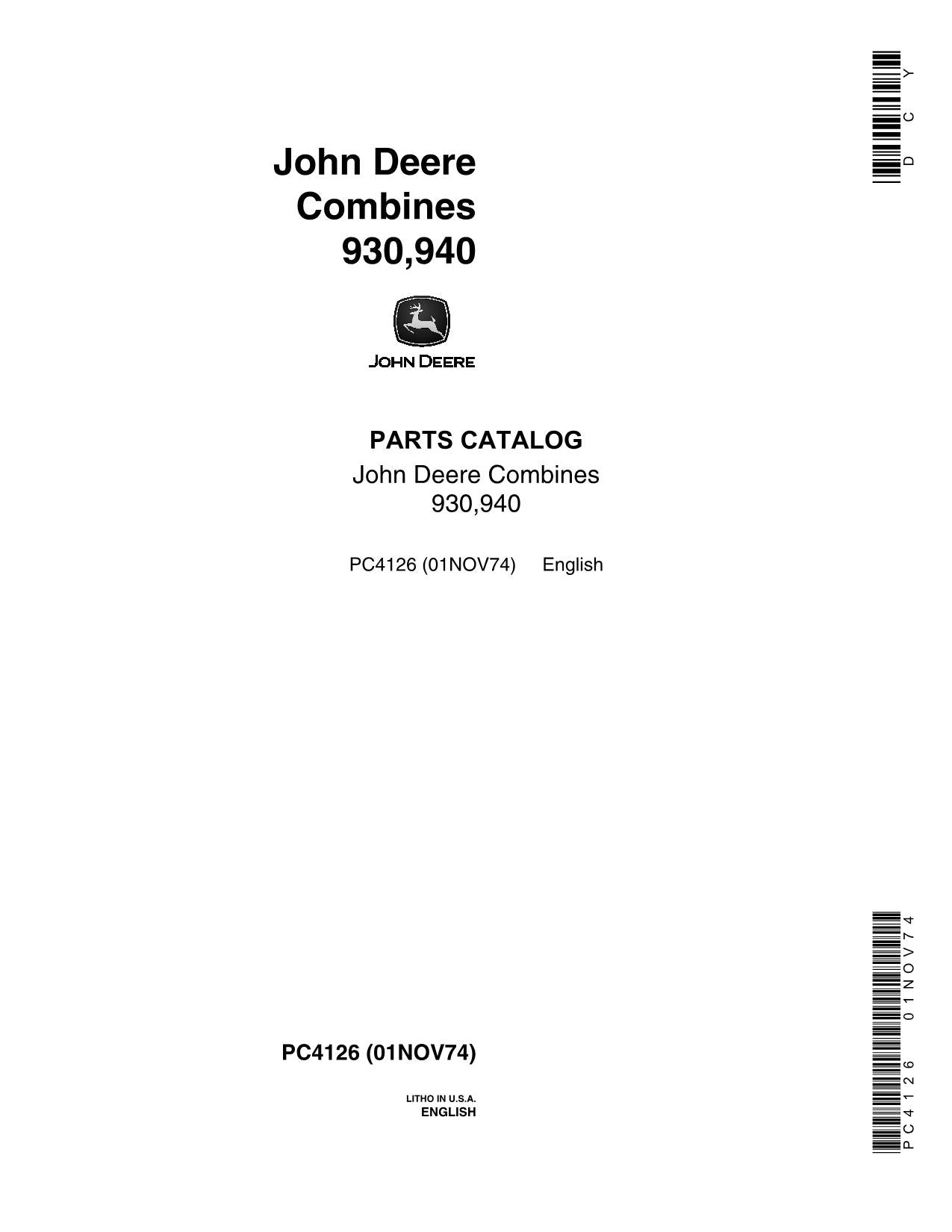 JOHN DEERE 930,940 COMBINE PARTS CATALOG MANUAL