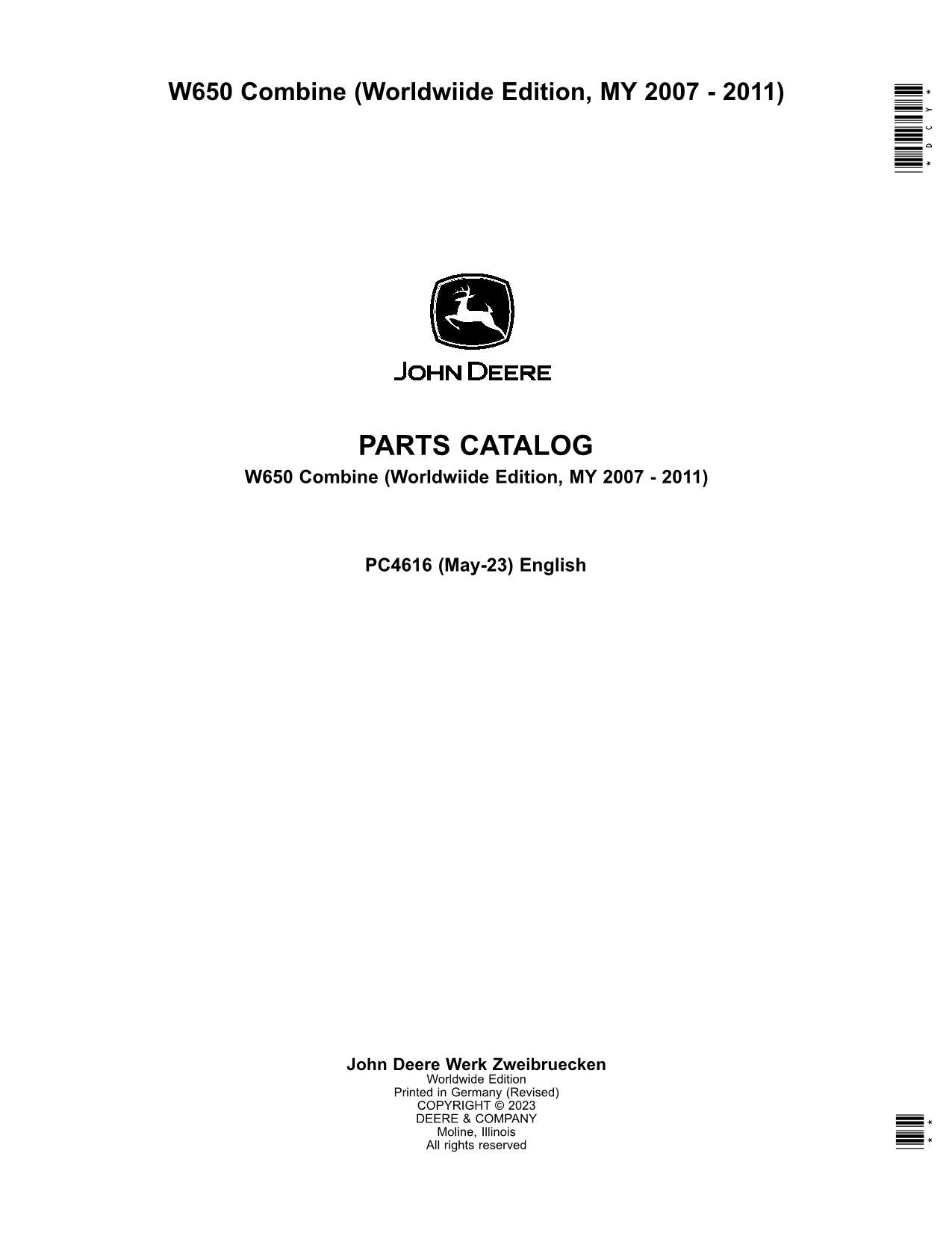 JOHN DEERE W650 COMBINE PARTS CATALOG MANUAL #7