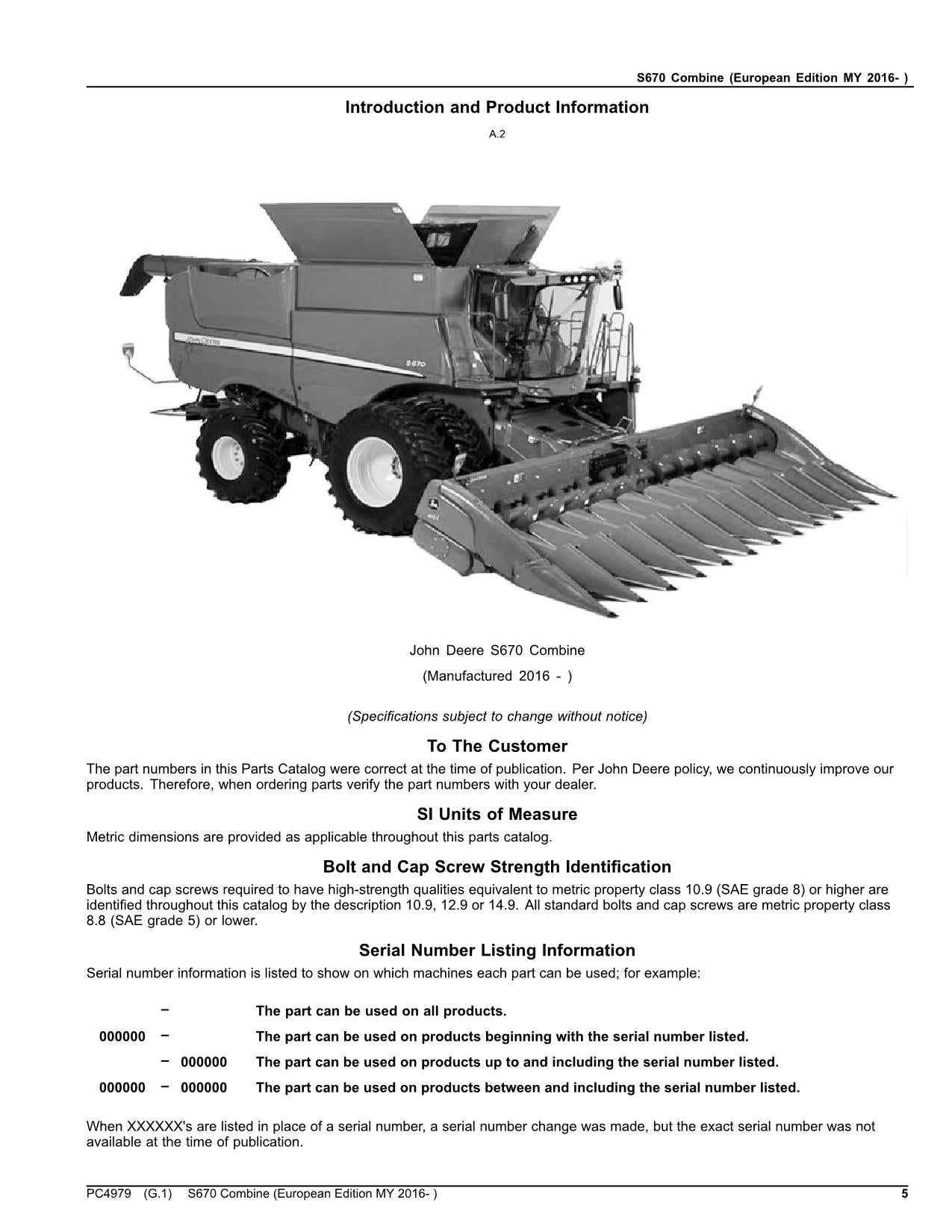 JOHN DEERE S670 COMBINE PARTS CATALOG MANUAL #10