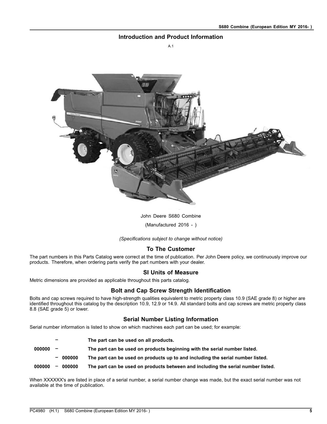 JOHN DEERE S680 COMBINE PARTS CATALOG MANUAL #10