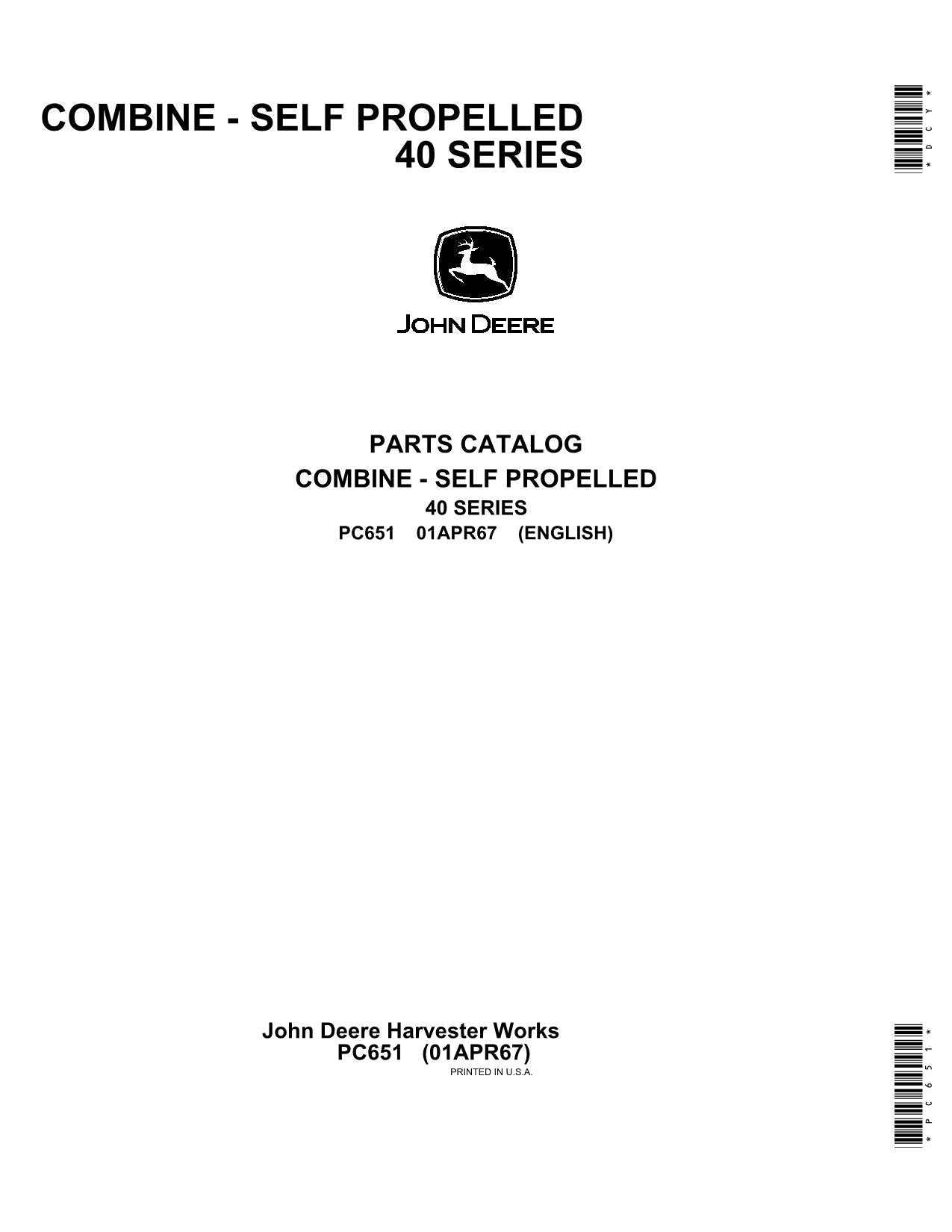 JOHN DEERE 40 COMBINE PARTS CATALOG MANUAL