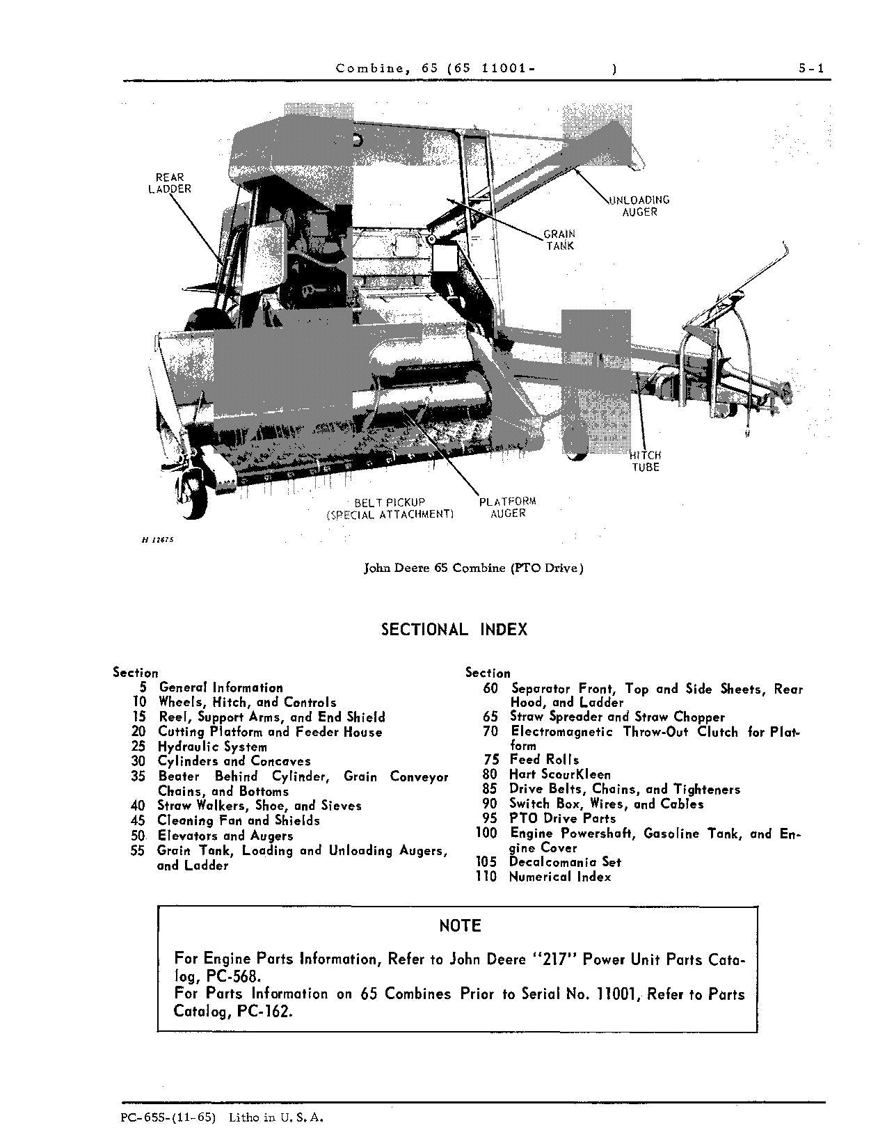 JOHN DEERE 65 COMBINE PARTS CATALOG MANUAL #2