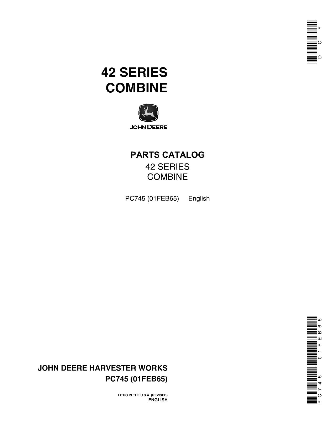 JOHN DEERE 42 COMBINE PARTS CATALOG MANUAL