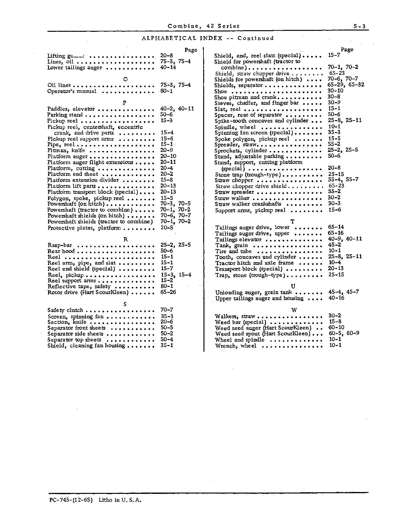 JOHN DEERE 42 COMBINE PARTS CATALOG MANUAL