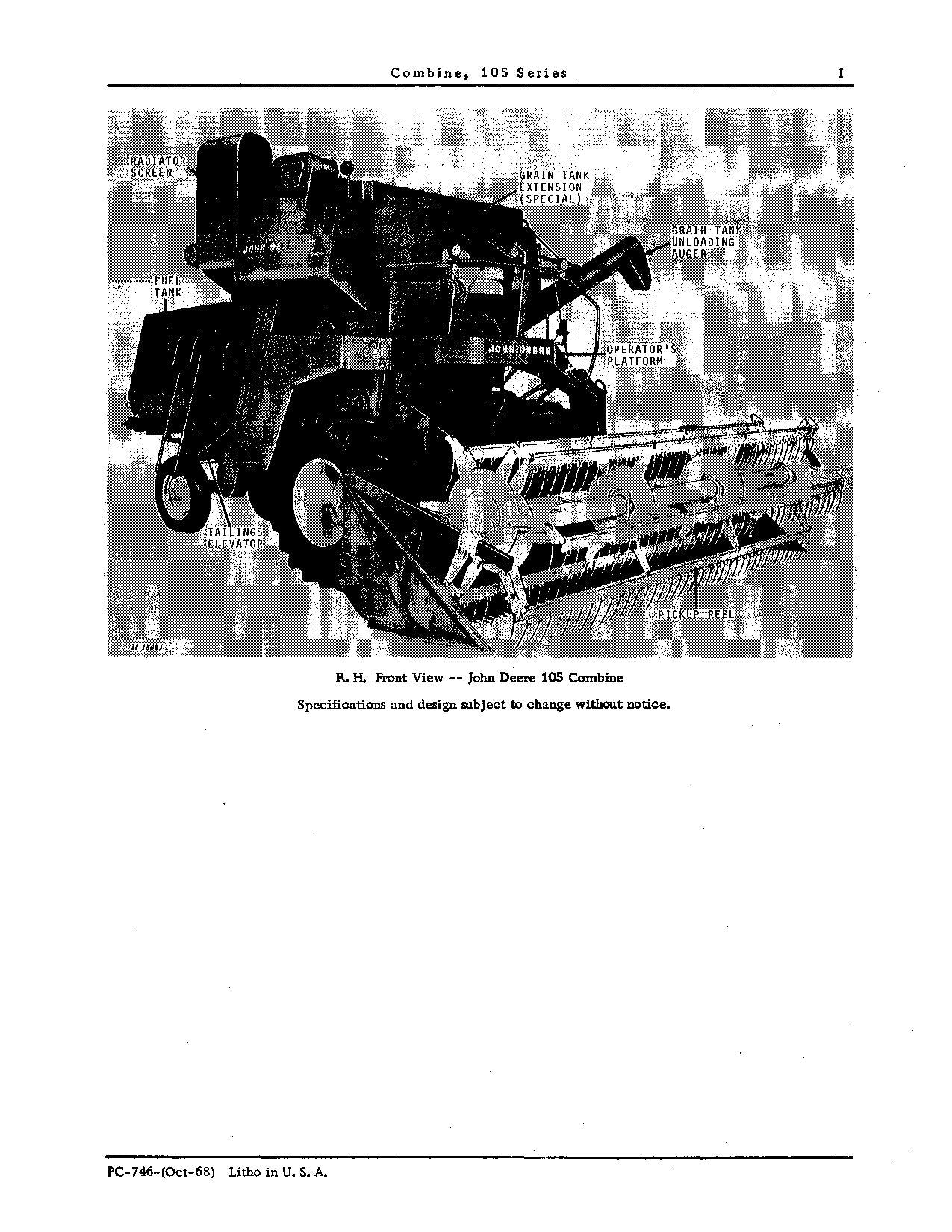 JOHN DEERE 105 COMBINE PARTS CATALOG MANUAL