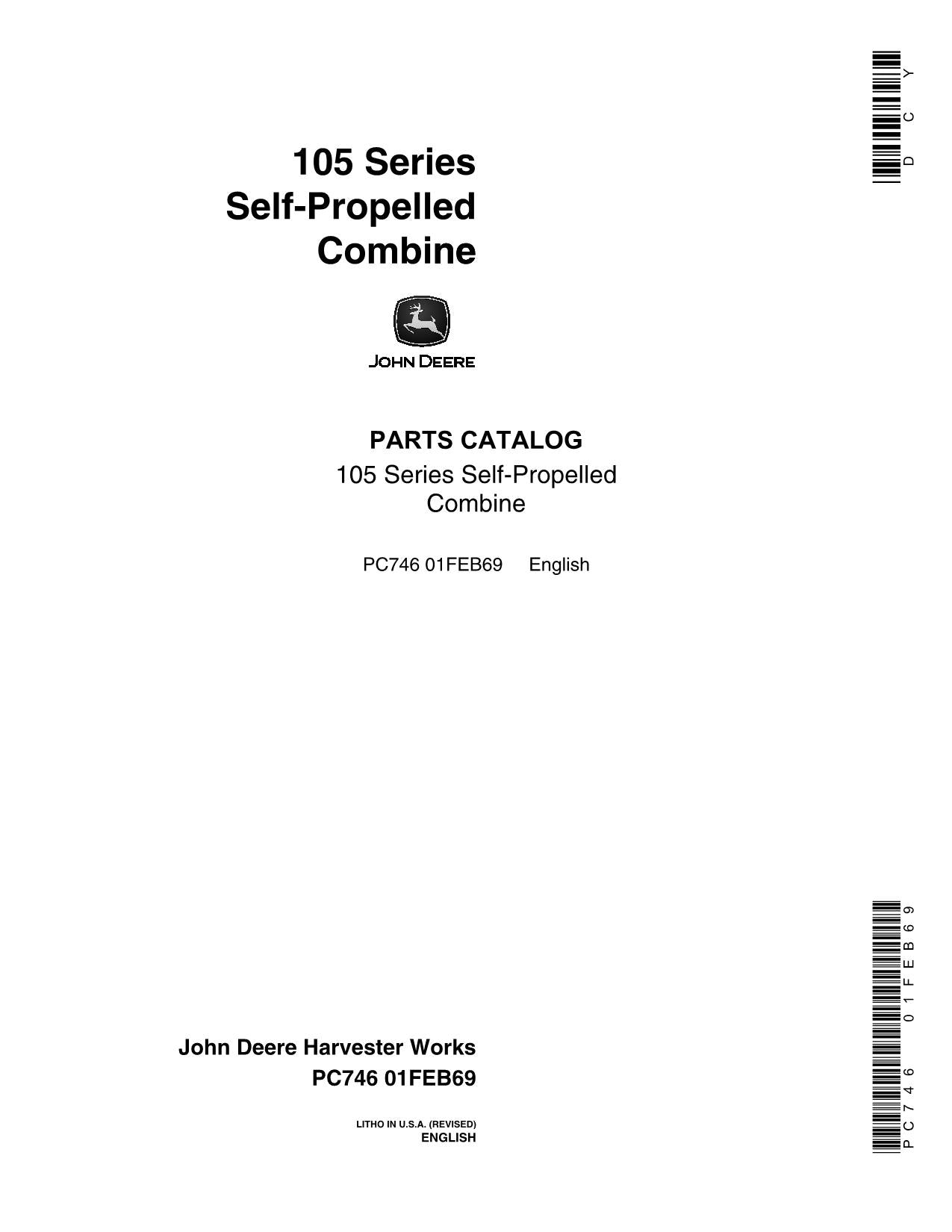 JOHN DEERE 105 COMBINE PARTS CATALOG MANUAL