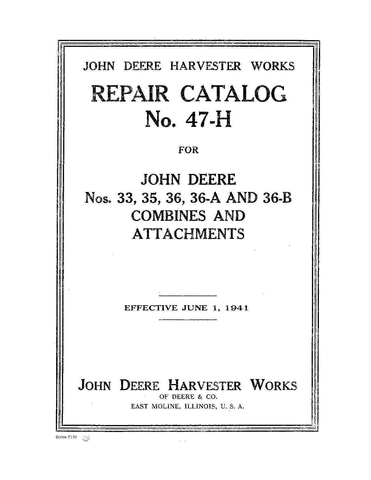 JOHN DEERE 35 36 36A 36B 33 COMBINE PARTS CATALOG MANUAL