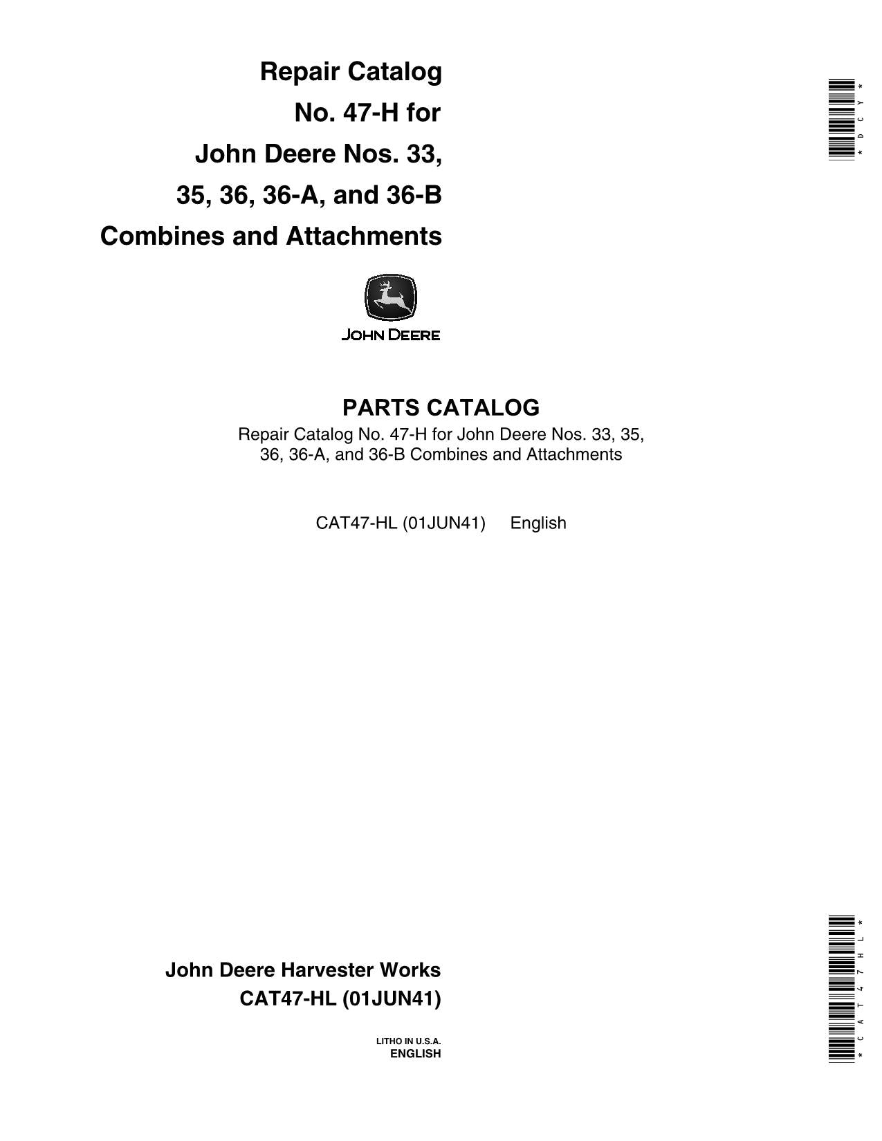 JOHN DEERE 35 36 36A 36B 33 COMBINE PARTS CATALOG MANUAL