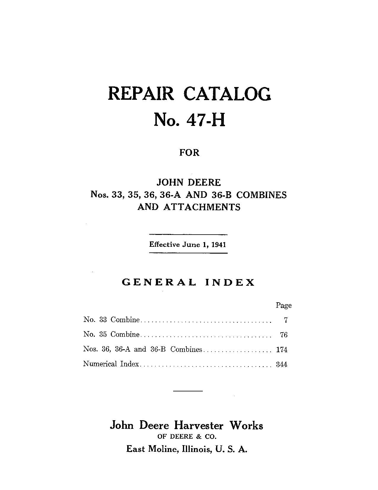 JOHN DEERE 35 36 36A 36B 33 COMBINE PARTS CATALOG MANUAL