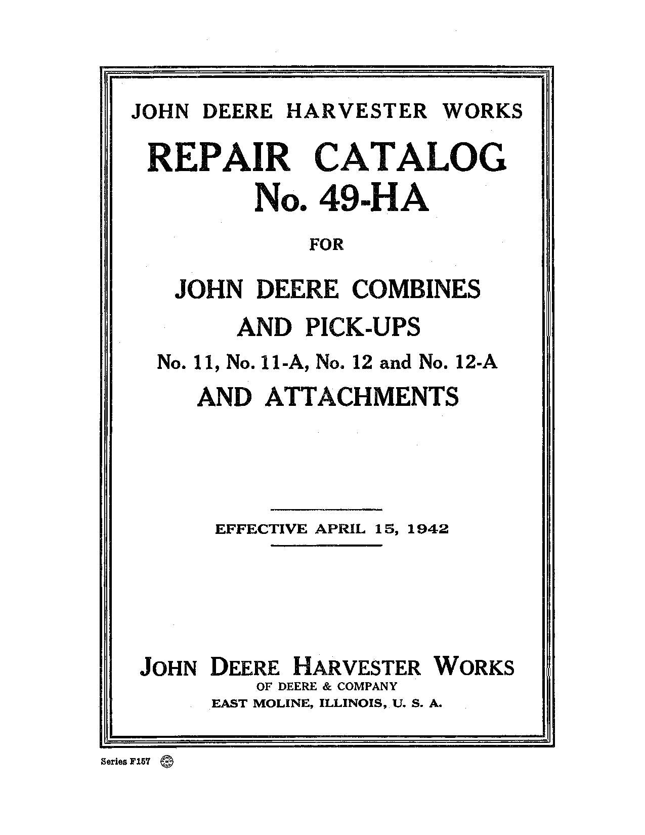 JOHN DEERE 11A 12-A 12 11 COMBINE PARTS CATALOG MANUAL