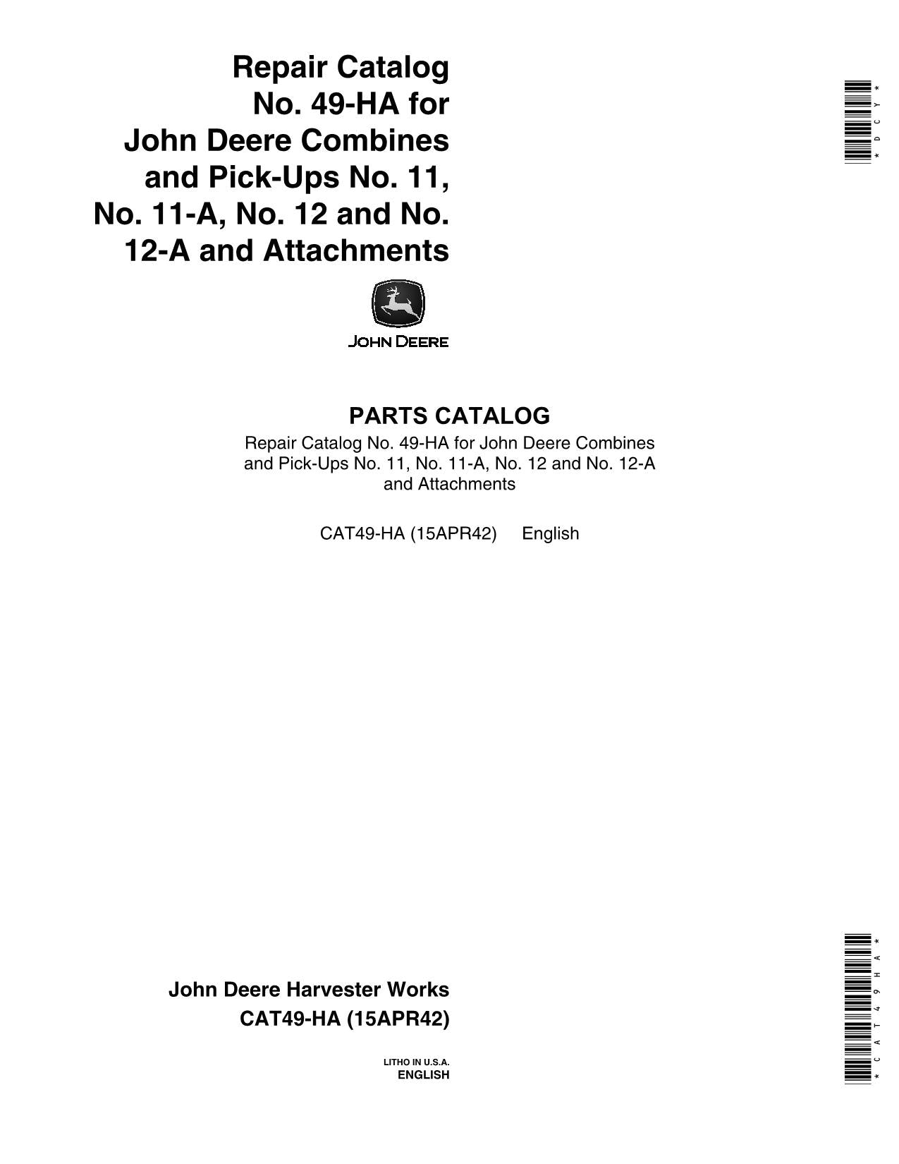 JOHN DEERE 11A 12-A 12 11 COMBINE PARTS CATALOG MANUAL