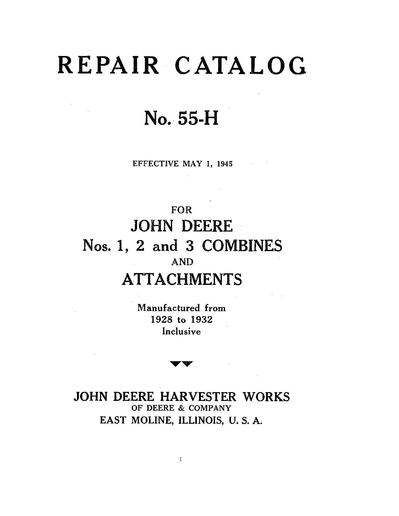 JOHN DEERE 1 2 3 COMBINE PARTS CATALOG MANUAL