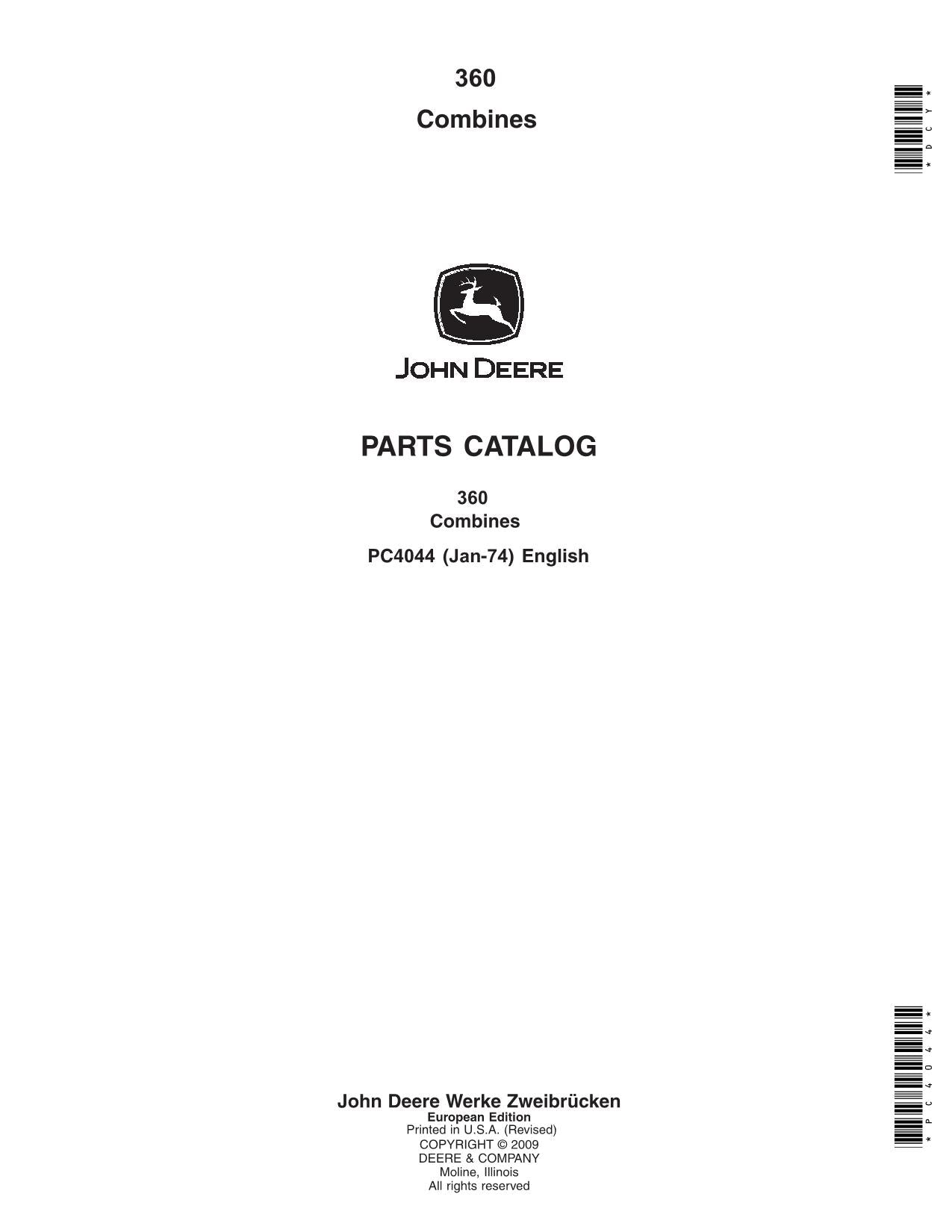 JOHN DEERE 360 COMBINE PARTS CATALOG MANUAL