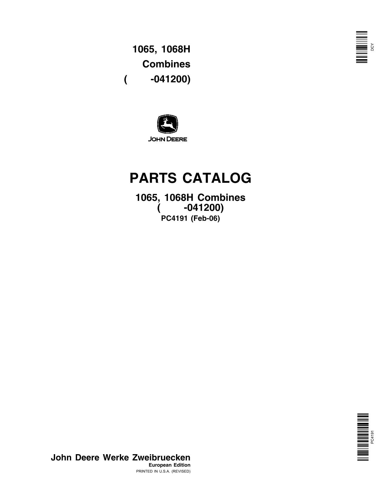 JOHN DEERE 1065, 1068H COMBINE PARTS CATALOG MANUAL