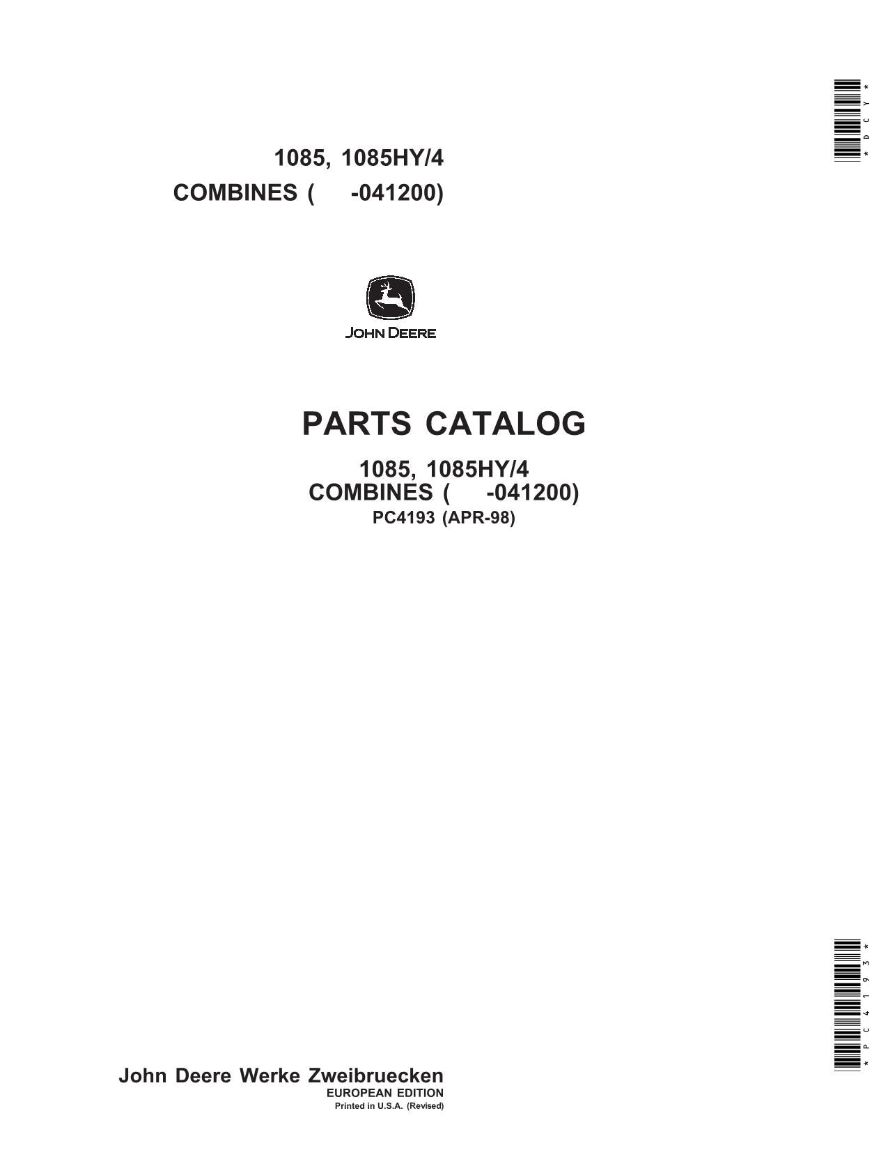 JOHN DEERE 1085 1085 COMBINE PARTS CATALOG MANUAL #1