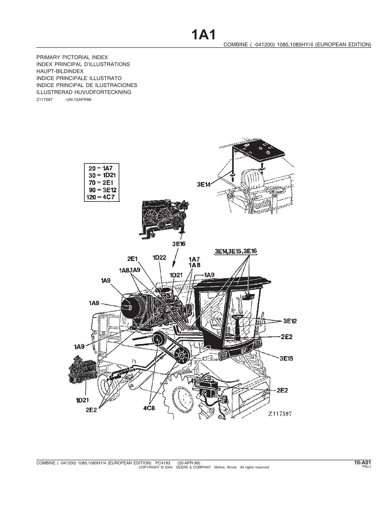 JOHN DEERE 1085 1085 MÄHDRESCHER-TEILEKATALOGHANDBUCH Nr. 1