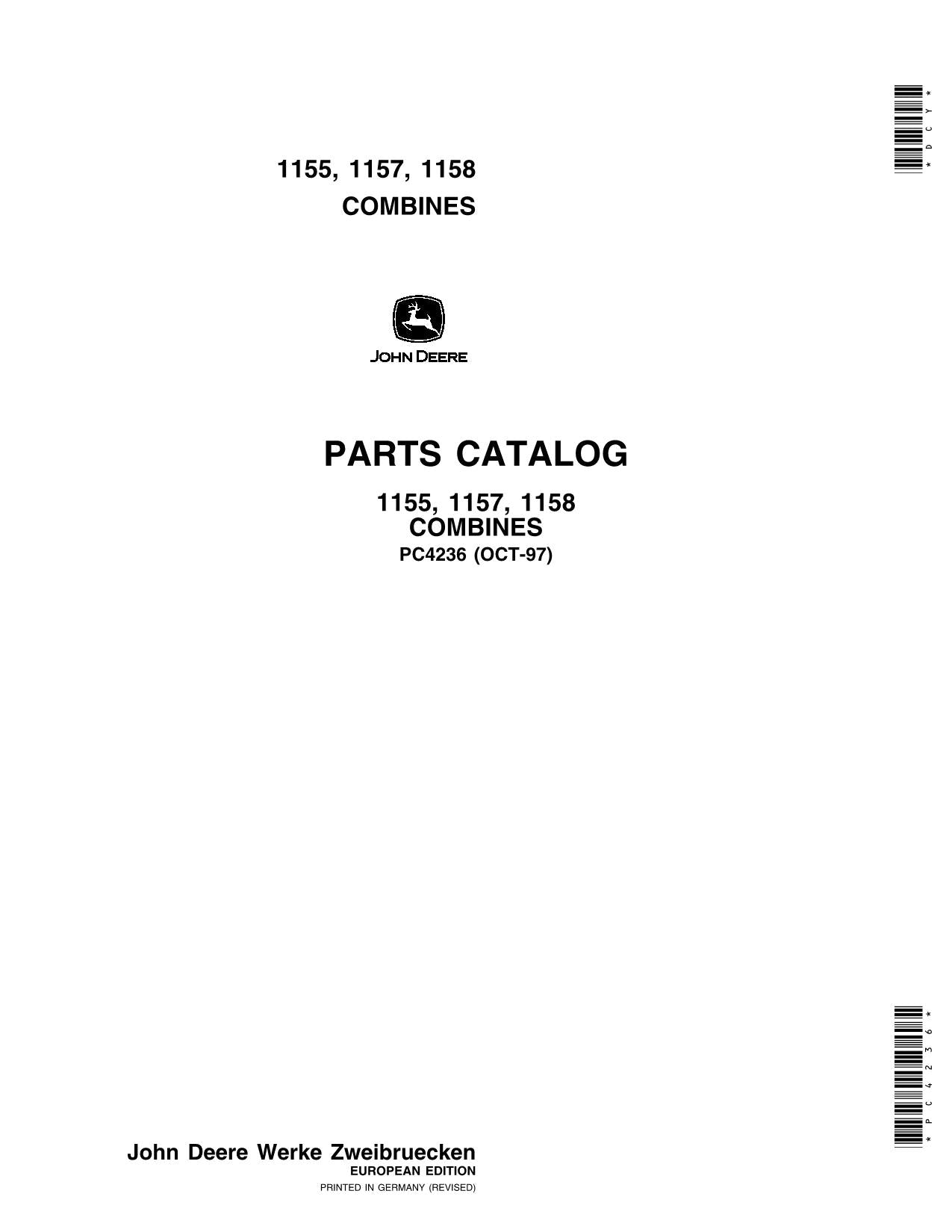 JOHN DEERE 1155 1157  1158 COMBINE PARTS CATALOG MANUAL