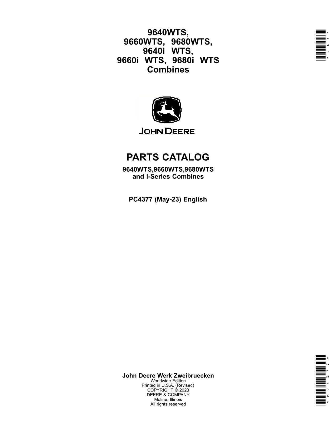 JOHN DEERE 9640 WTS 9660 9680 9640I 9660I 9680I COMBINE PARTS CATALOG MANUAL