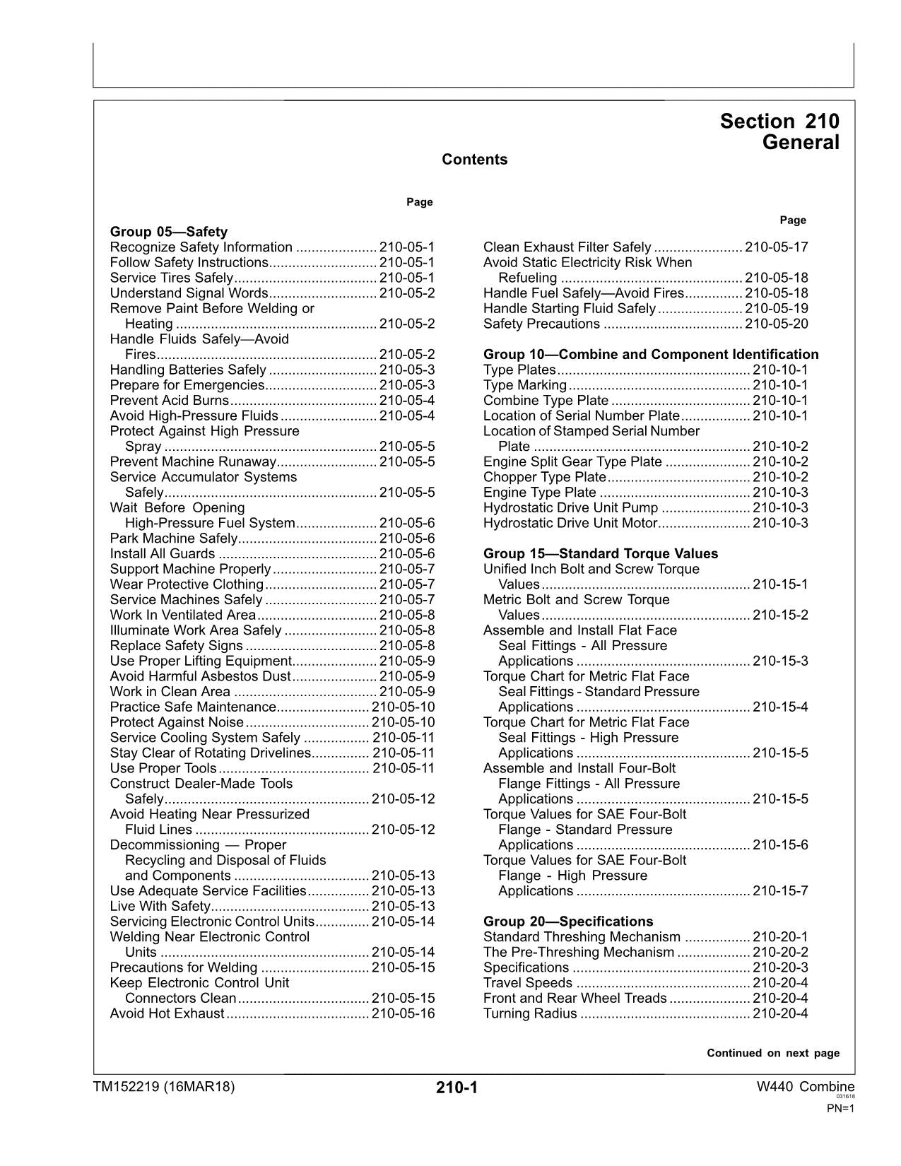 JOHN DEERE W440 COMBINE DIAGNOSTIC MANUAL