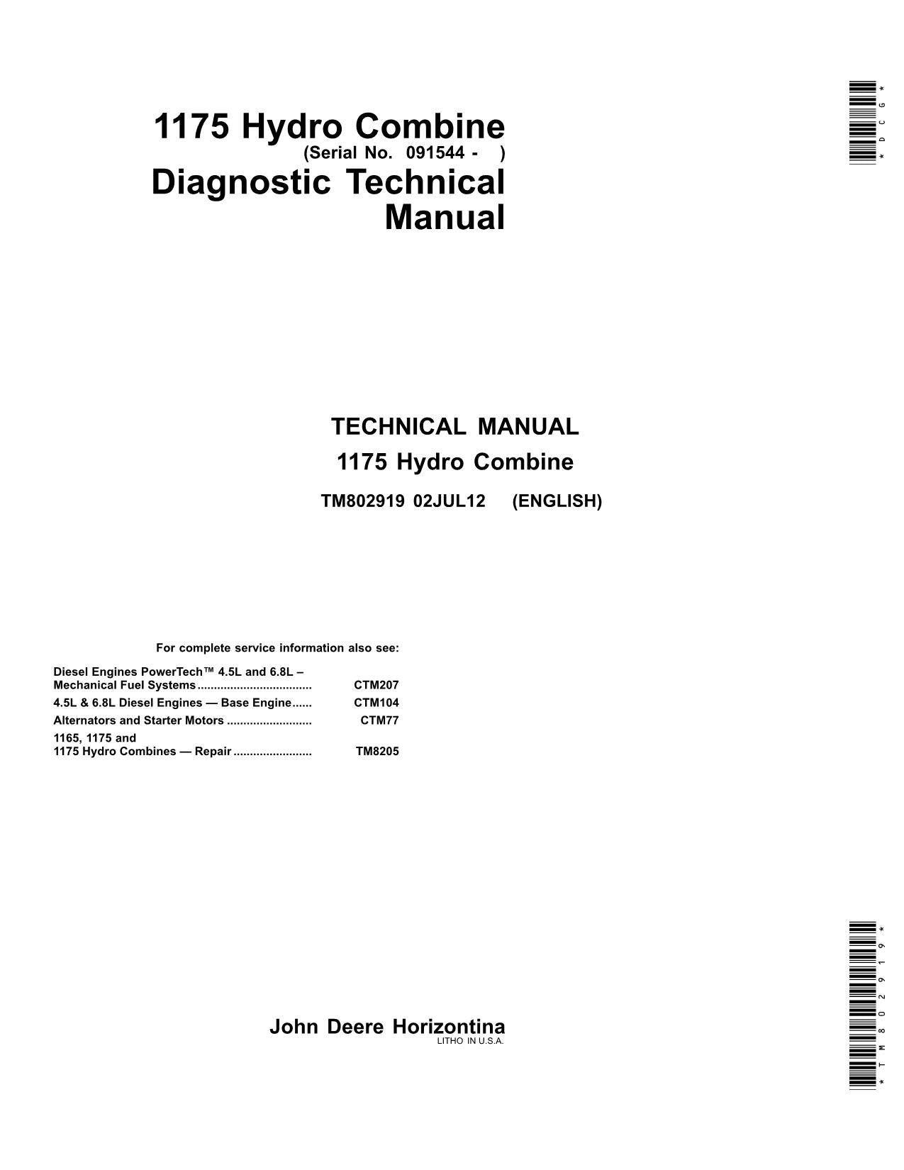 MANUEL DE DIAGNOSTIC DE LA MOISSONNEUSE-BATTEUSE JOHN DEERE 1175 HYDRO 1175