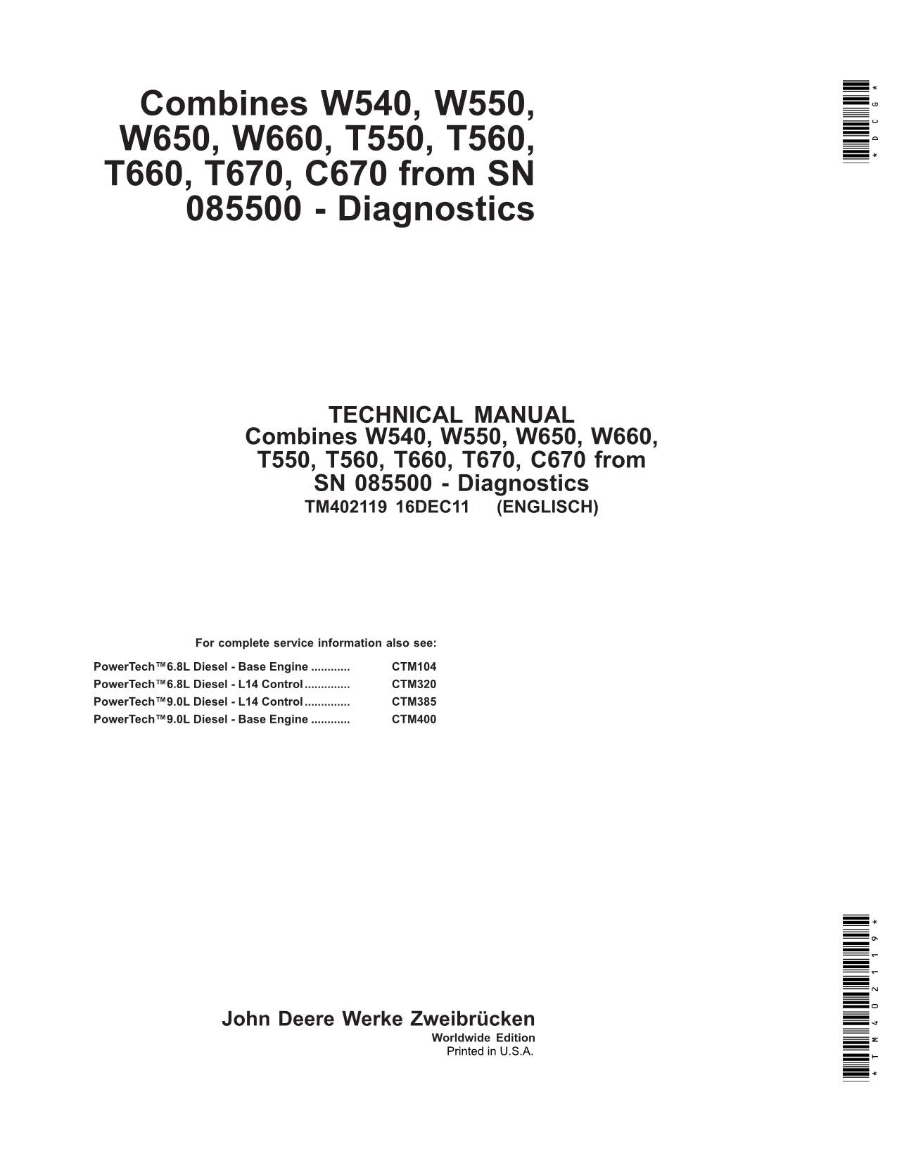 JOHN DEERE W540 W550 W560 W660 COMBINE DIAGNOSTIC MANUAL