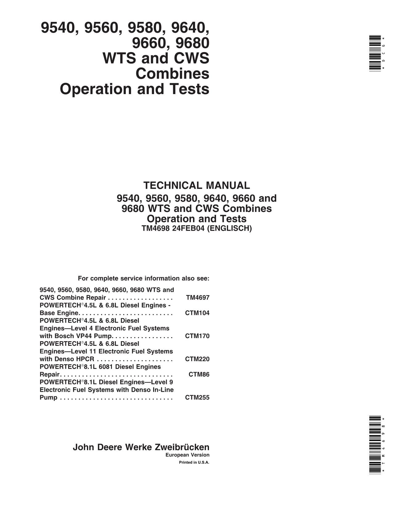 JOHN DEERE 9540 9560 9580 9640 9660 9680 MÄHDRESCHER DIAGNOSEHANDBUCH