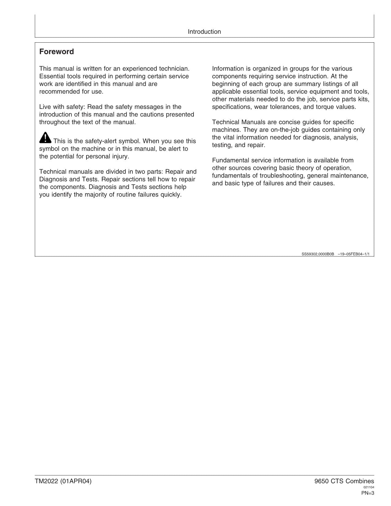 JOHN DEERE 9650 CTS COMBINE DIAGNOSTIC TEST MANUAL #2