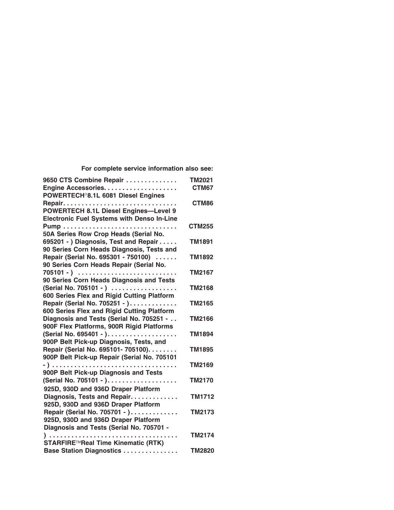 JOHN DEERE 9650 CTS COMBINE DIAGNOSTIC TEST MANUAL #2