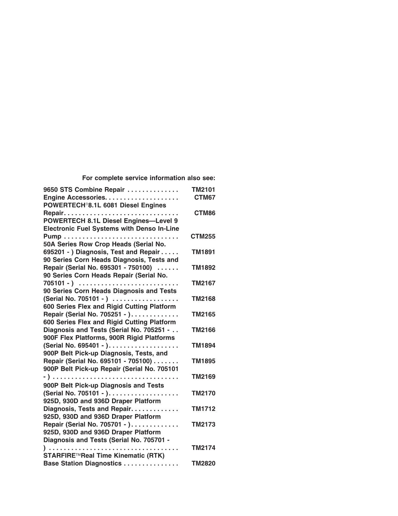 JOHN DEERE 9650 STS 9750 STS COMBINE DIAGNOSTIC TEST MANUAL #2