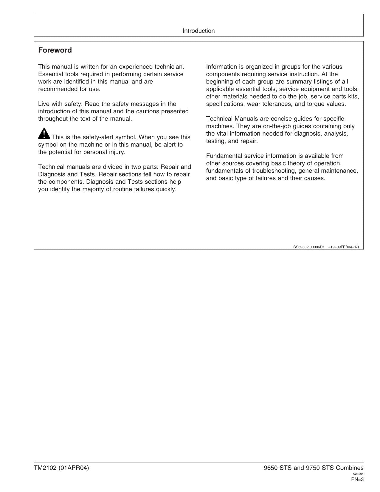 JOHN DEERE 9650 STS 9750 STS COMBINE DIAGNOSTIC TEST MANUAL #2