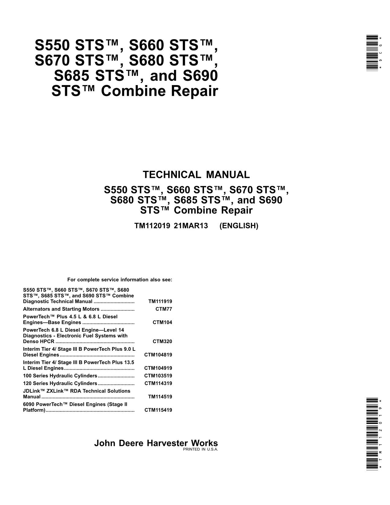 JOHN DEERE S690 S550 STS S660 STS S670 S680 S550 COMBINE DIAGNOSTIC TEST MANUAL