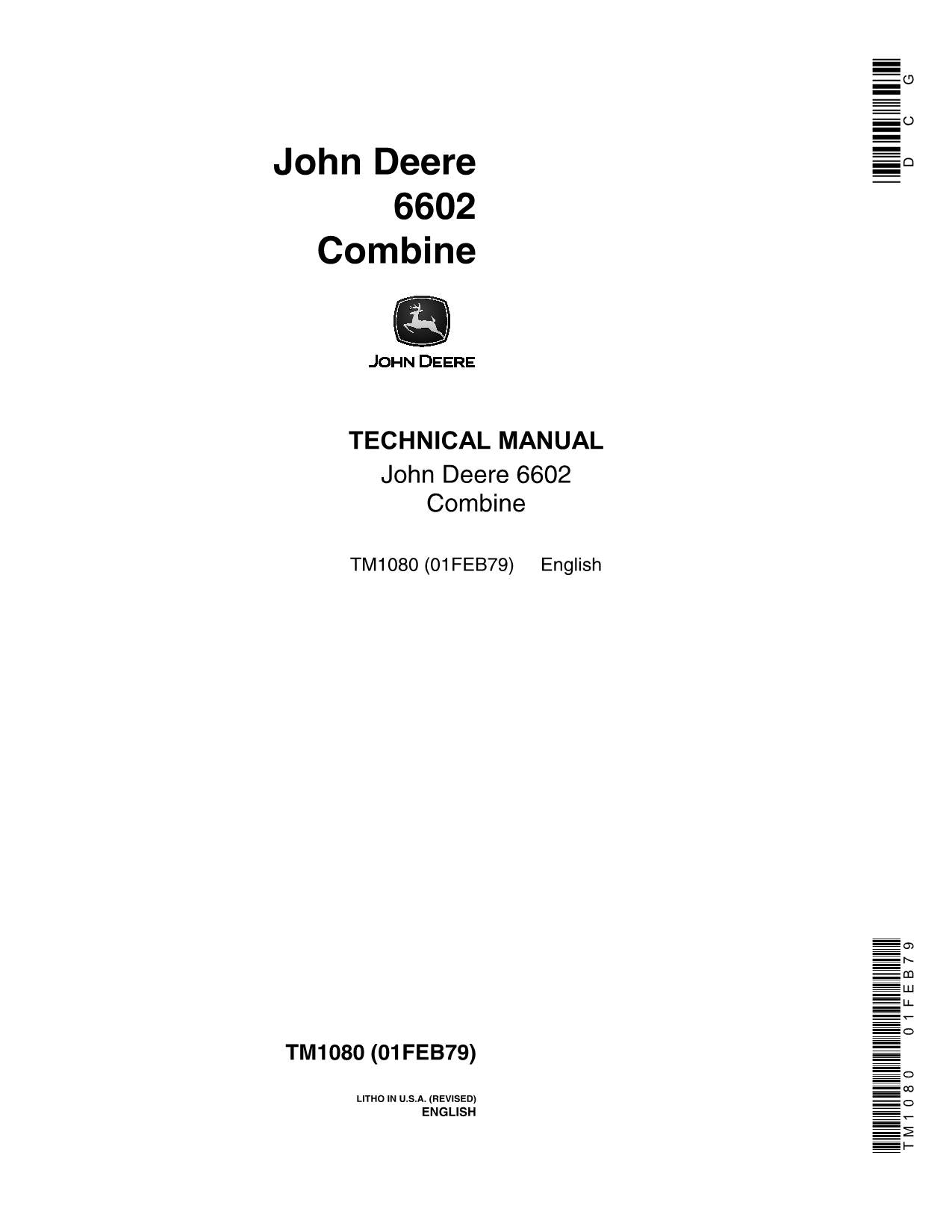 JOHN DEERE 6601 6602 COMBINE SERVICE MANUAL