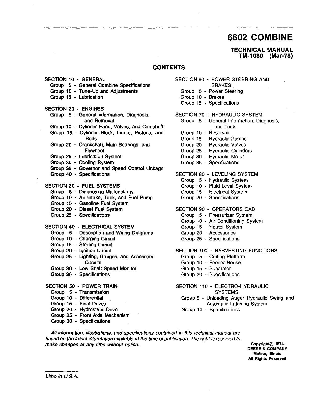 JOHN DEERE 6601 6602 COMBINE SERVICE MANUAL