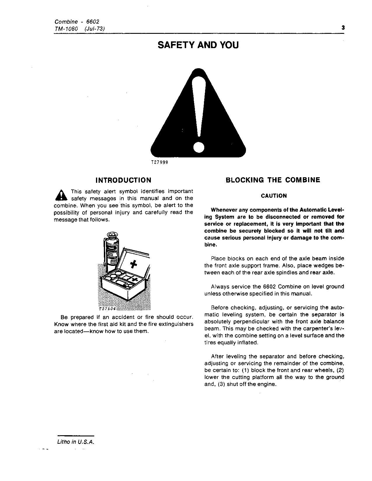 JOHN DEERE 6601 6602 COMBINE SERVICE MANUAL