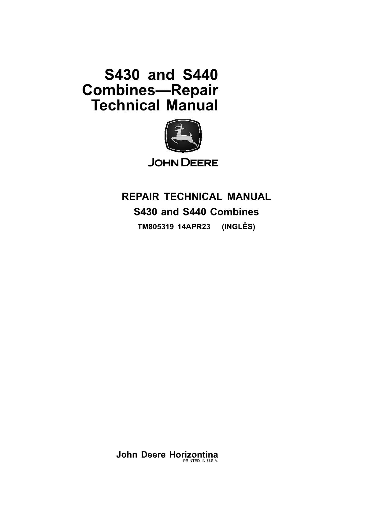 JOHN DEERE S430 S440 COMBINE REPAIR TECHNICAL MANUAL TM805319