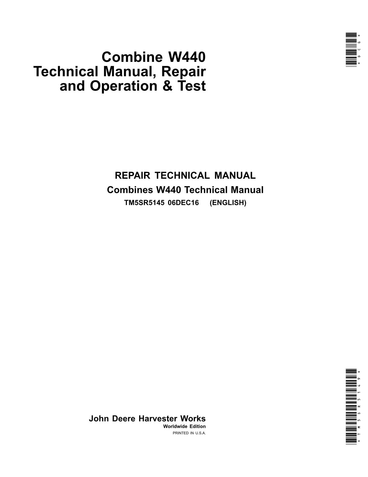 JOHN DEERE W440 COMBINE REPAIR SERVICE TECHNICAL MANUAL TM5SR5145