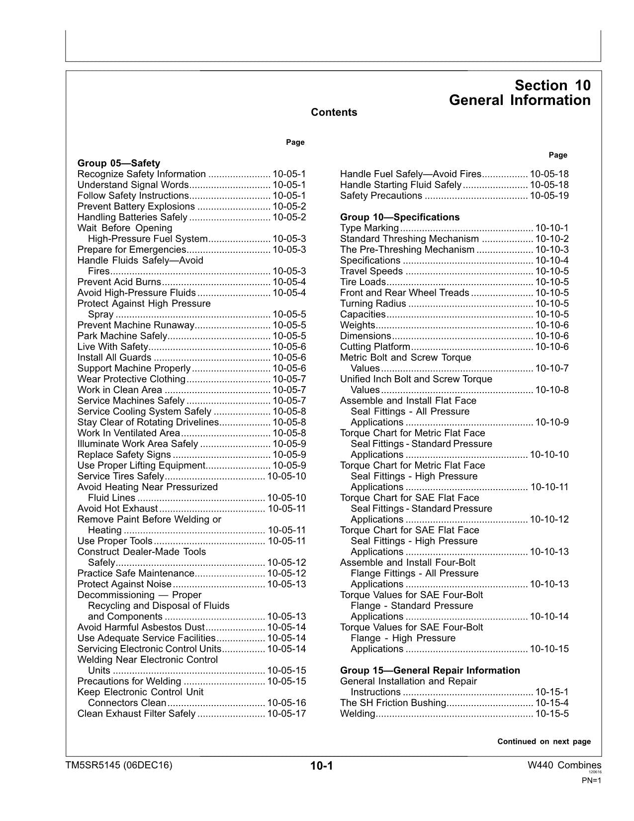 JOHN DEERE W440 COMBINE REPAIR SERVICE TECHNICAL MANUAL TM5SR5145