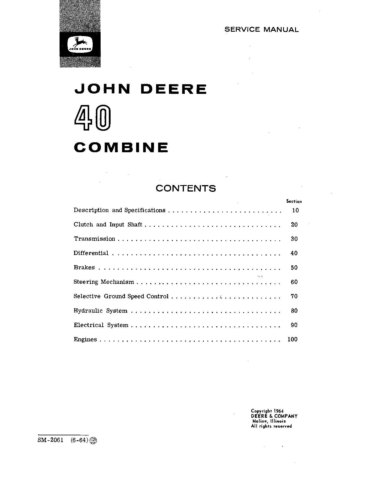 JOHN DEERE 40 COMBINE SERVICE MANUAL