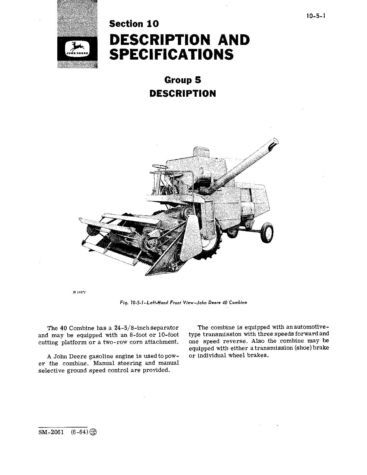 JOHN DEERE 40 COMBINE SERVICE MANUAL